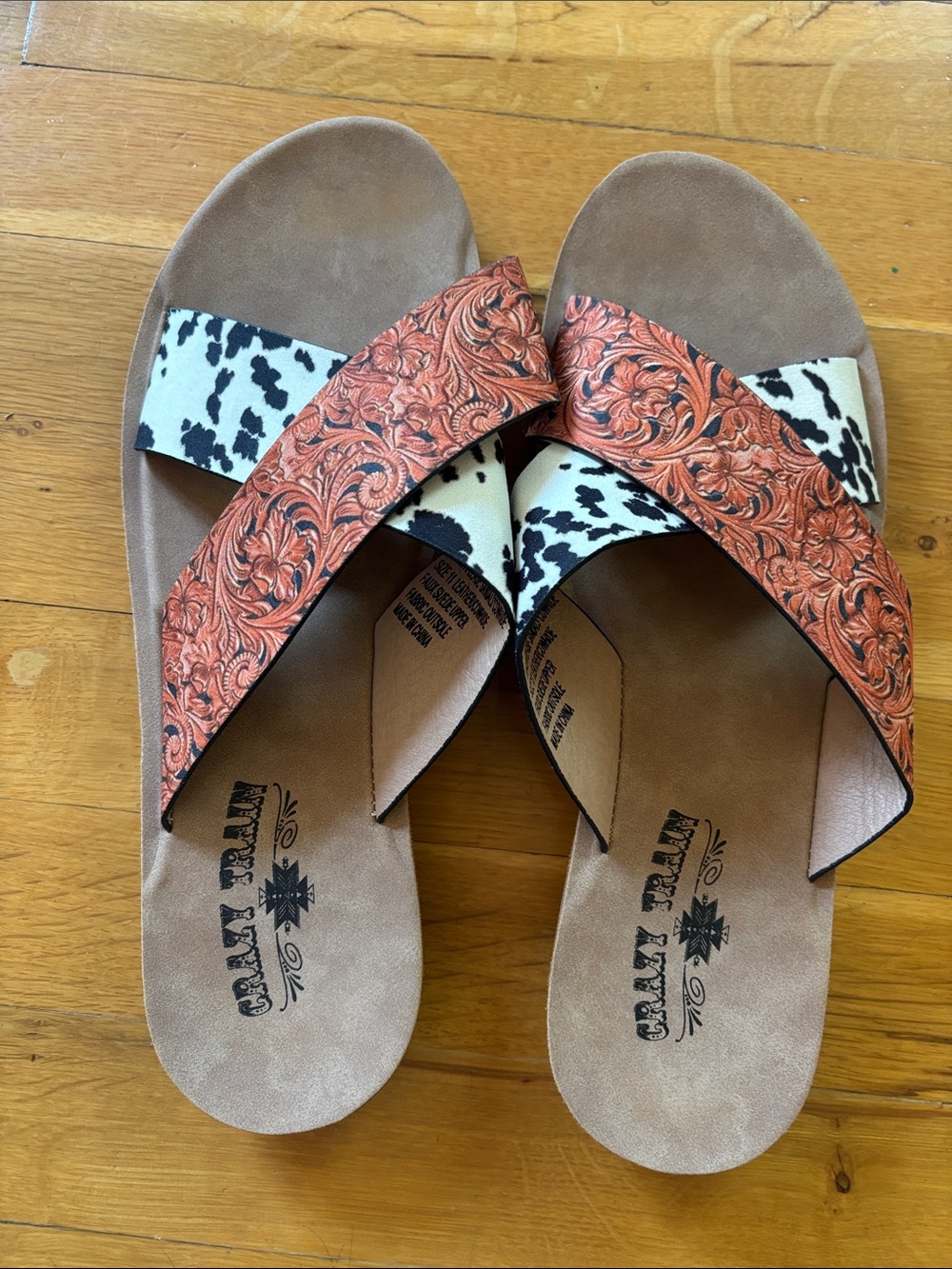 Crazy Train Women's Tan, Black & Orange Floral/Cowhide Cross-Strap Sandals